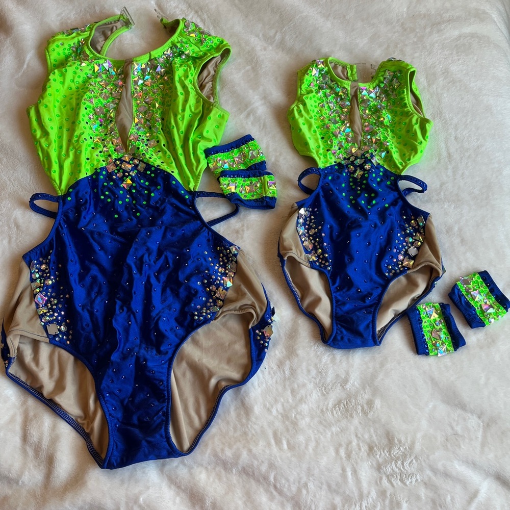 Glamour Costumes Neon Green Blue Dance Costumes Child MC Rhinestone Competition